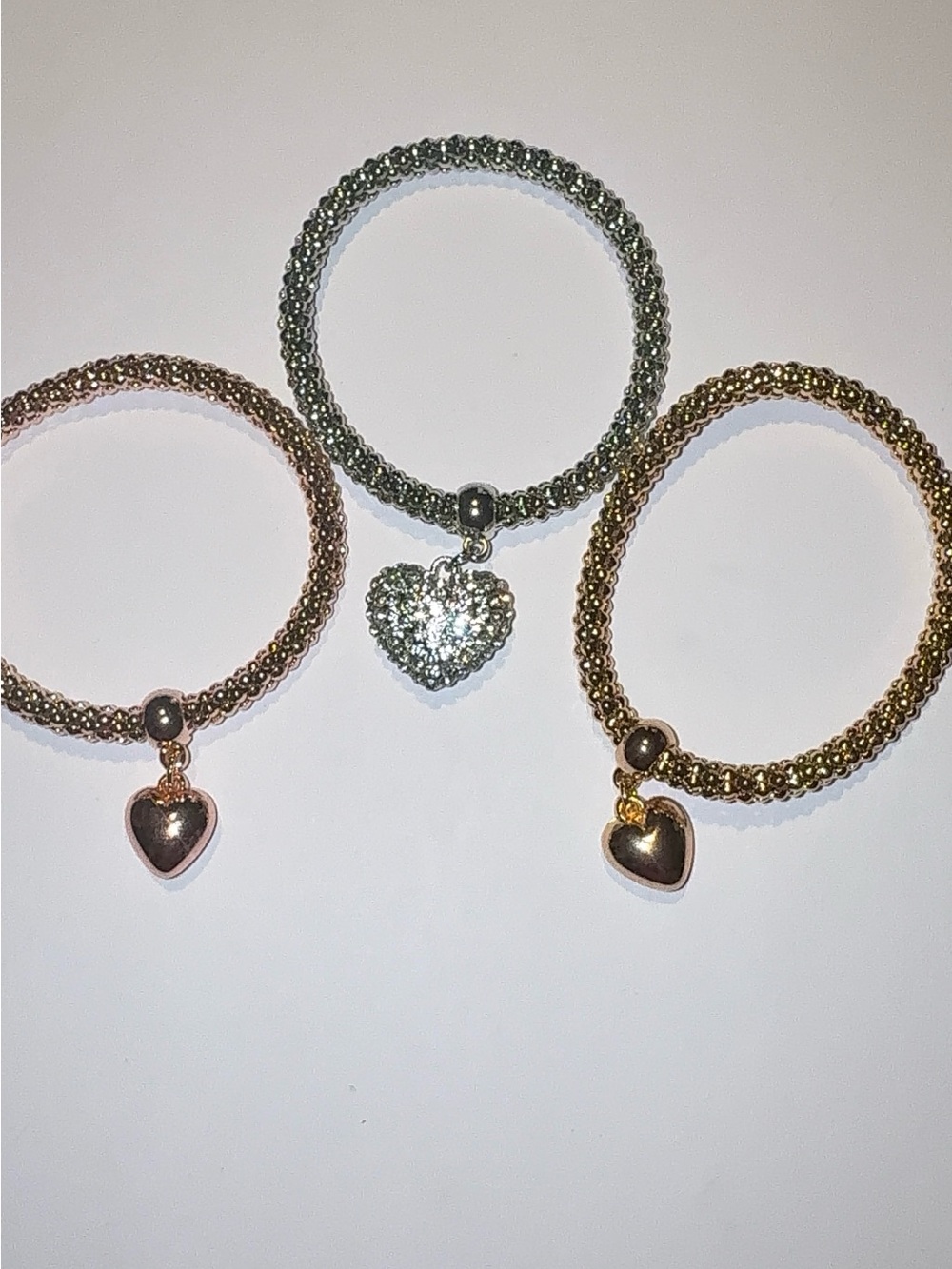 3-Piece Heart Charm Stretch Bracelet Set for Women – Gold, Silver, and Rose Gold